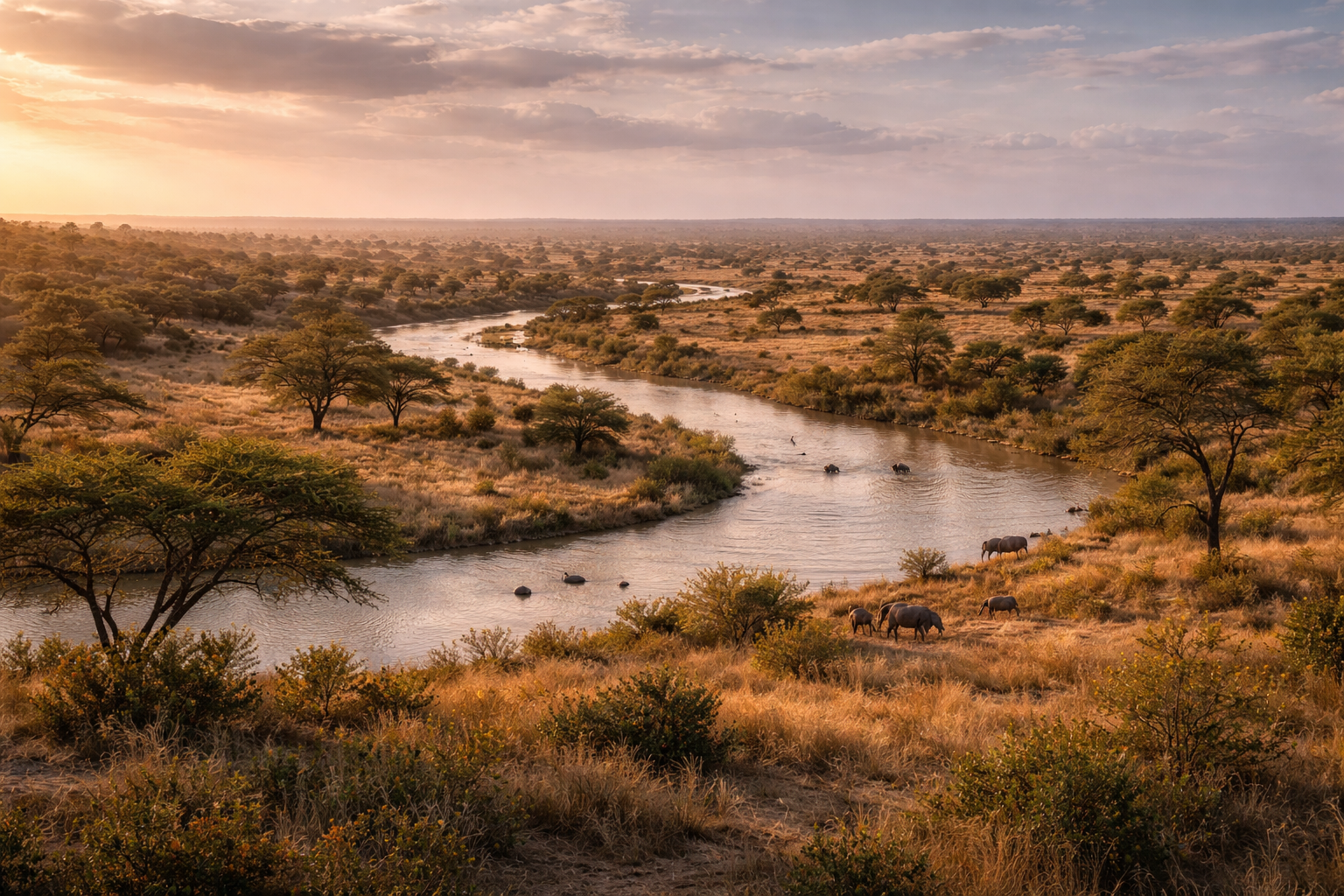 הפארק הלאומי W בניז'ר עם סוואנה, עצים בודדים, שמיים פתוחים ונוף טבעי רחב.