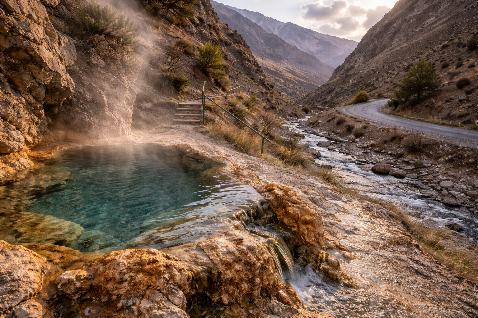 ג'ארם-צ'שמה בטג'יקיסטן עם מעיין תרמי טבעי, מדרון הררי, מרקם אבן ואור רך.