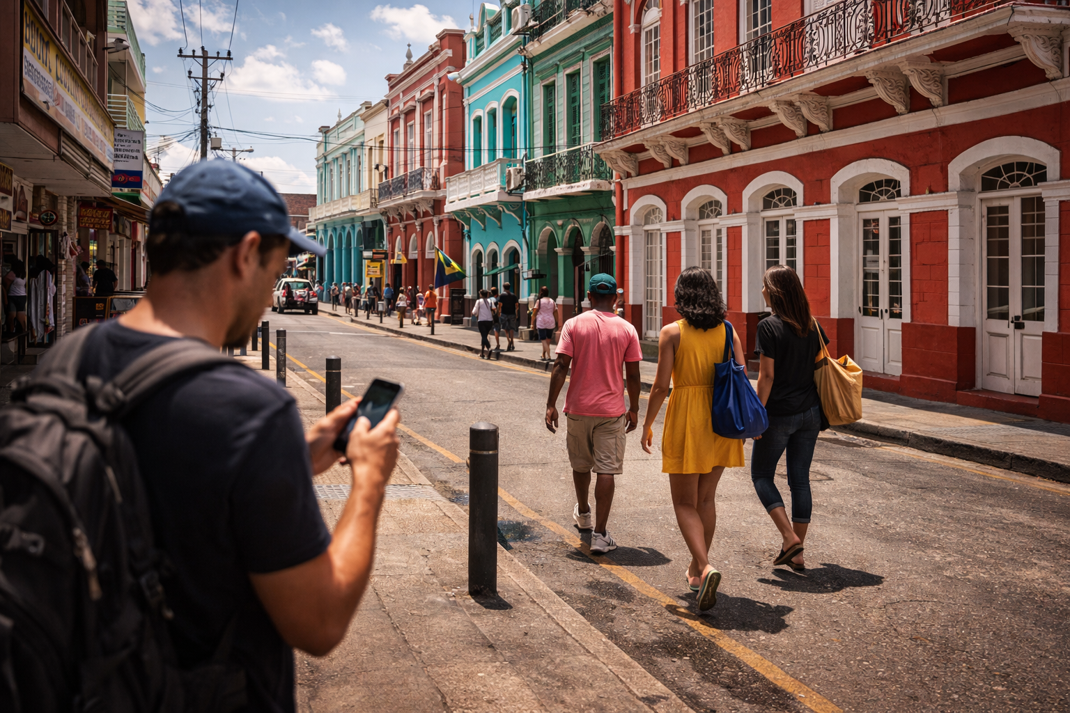 A Kingston street with colonial architecture, a person in the background checking a route on a smartphone
