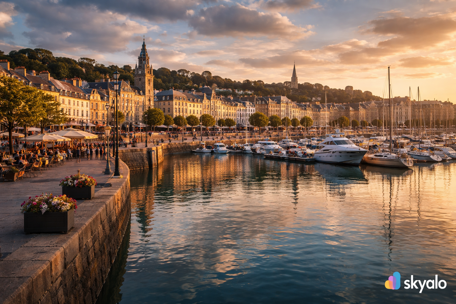 נוף פנורמי של סנט הלייר בג'רזי עם הטיילת, האדריכלות העירונית, סירות במרינה ואור ערב רך.