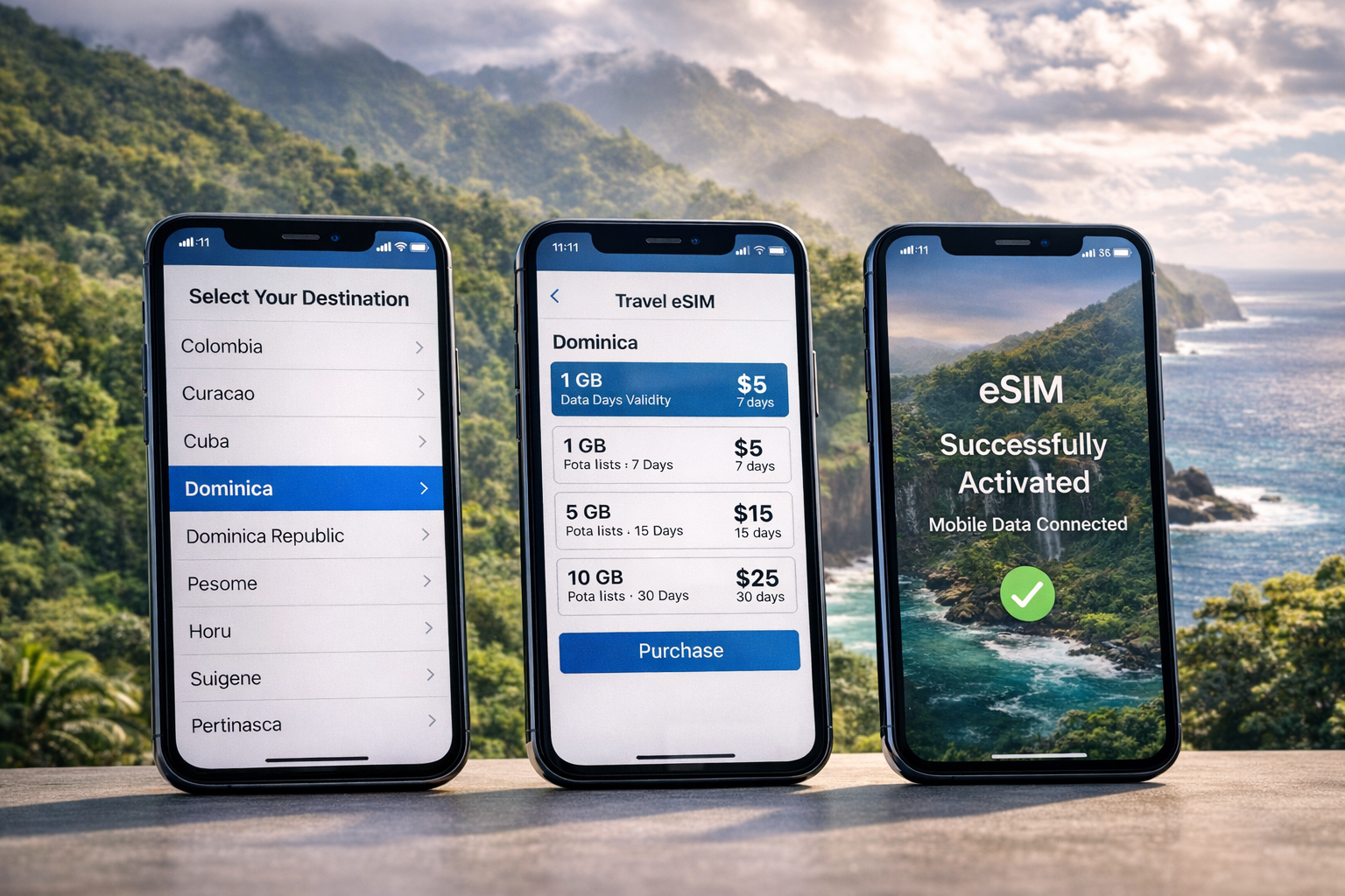 Podłączenie eSIM do Dominiki na trzech smartfonach – wybór kraju, wybór taryfy i udana aktywacja internetu