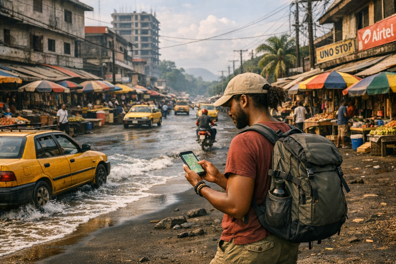 Monrovija Liberijoje su judria gatve ir keliautoju, žiūrinčiu maršrutą telefone