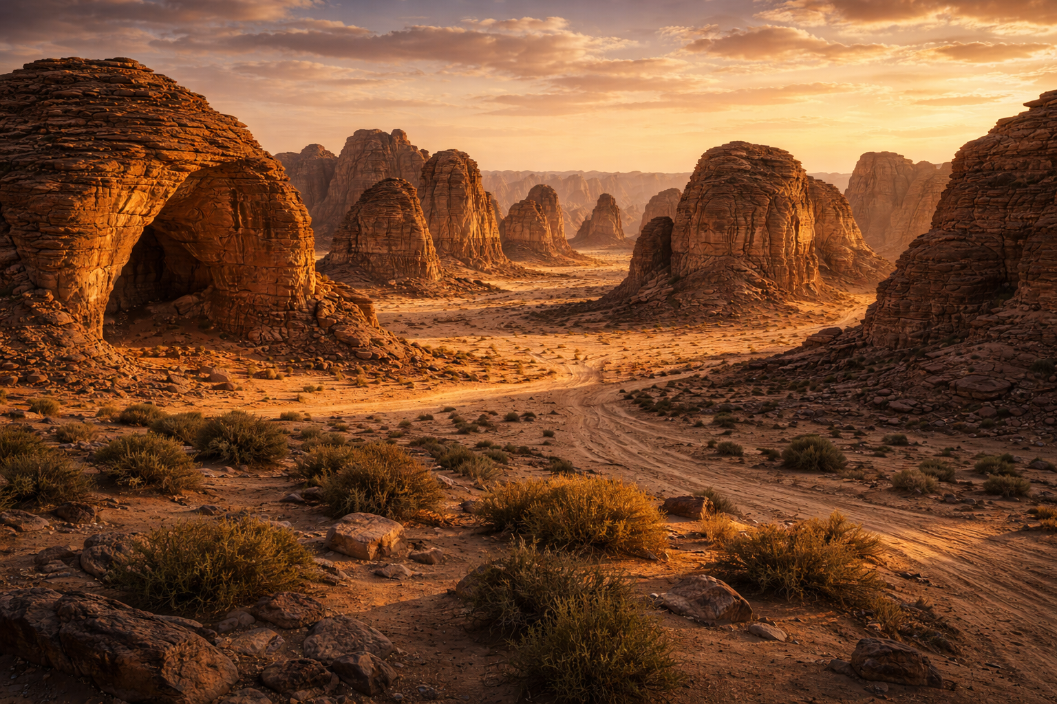 Skaly Al-Uly pri západe slnka v púšti