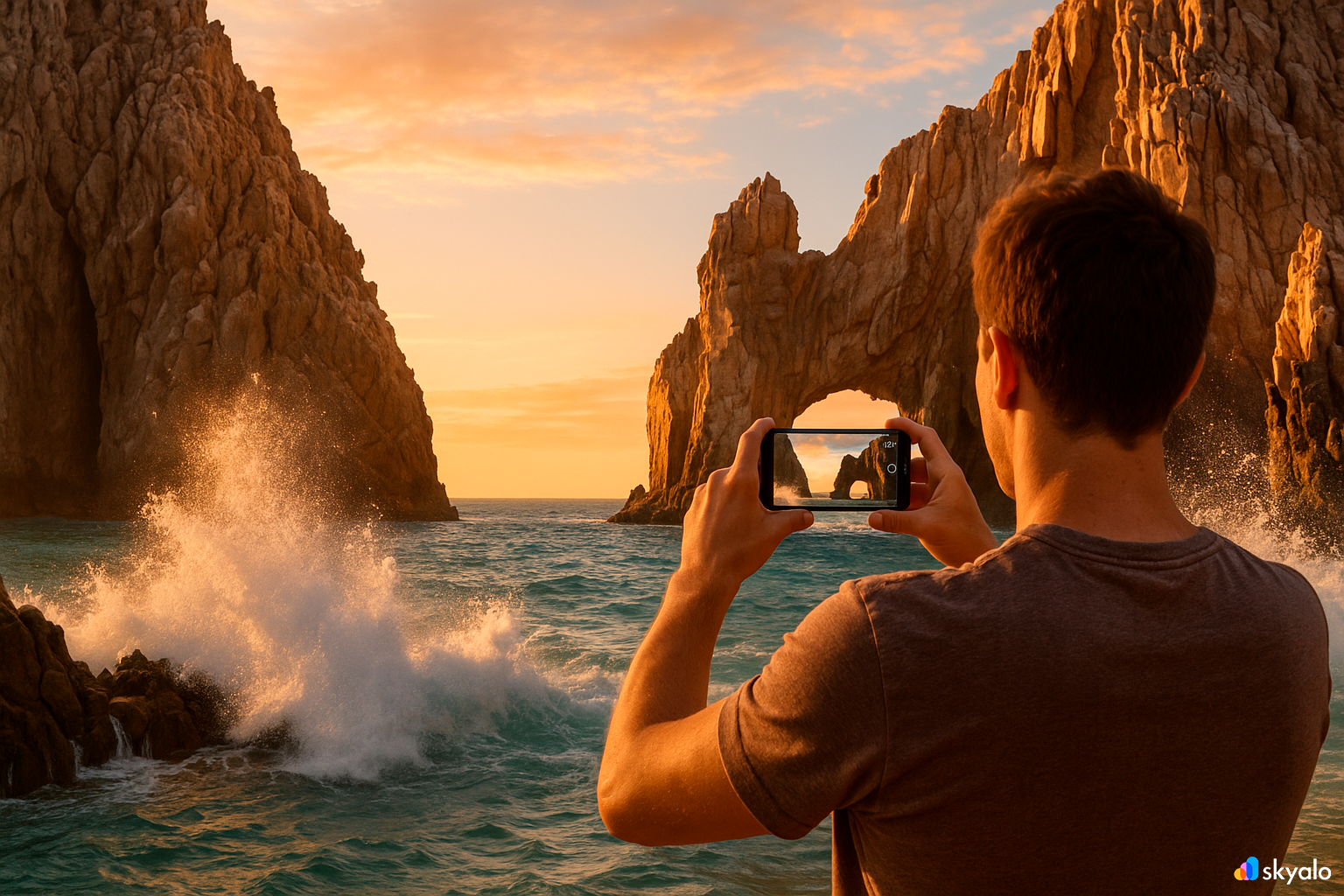 Tourist photographing the arch at Cabo San Lucas; sea spray and golden glints on rugged cliffs