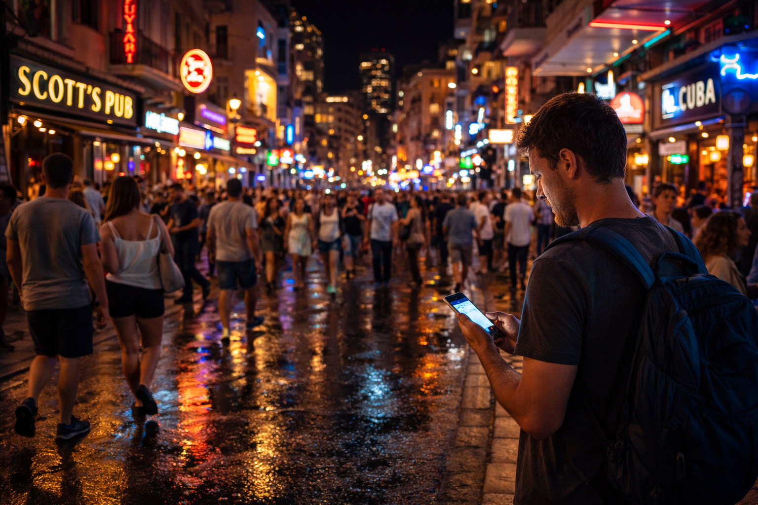 Kehidupan malam St. Julian's dengan pelancong dan telefon pintar