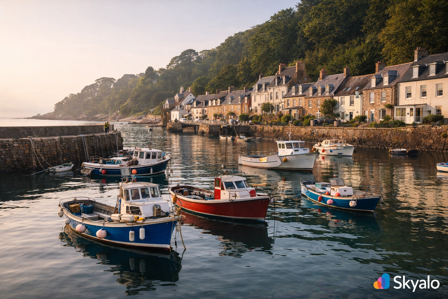 מפרץ רוזל הנעים בג'רזי עם סירות קטנות, טיילת אבן ואווירה ימית שקטה.