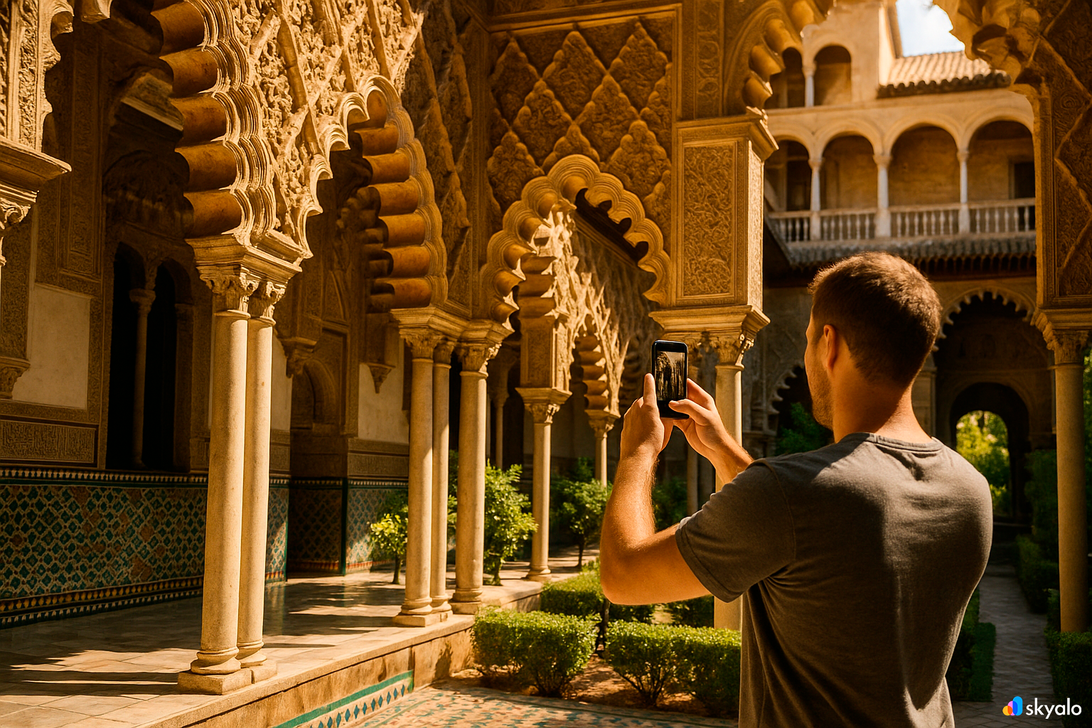Courtyard scene, arches and patterns of the Real Alcázar, sunlight, gardens, and quiet fountains