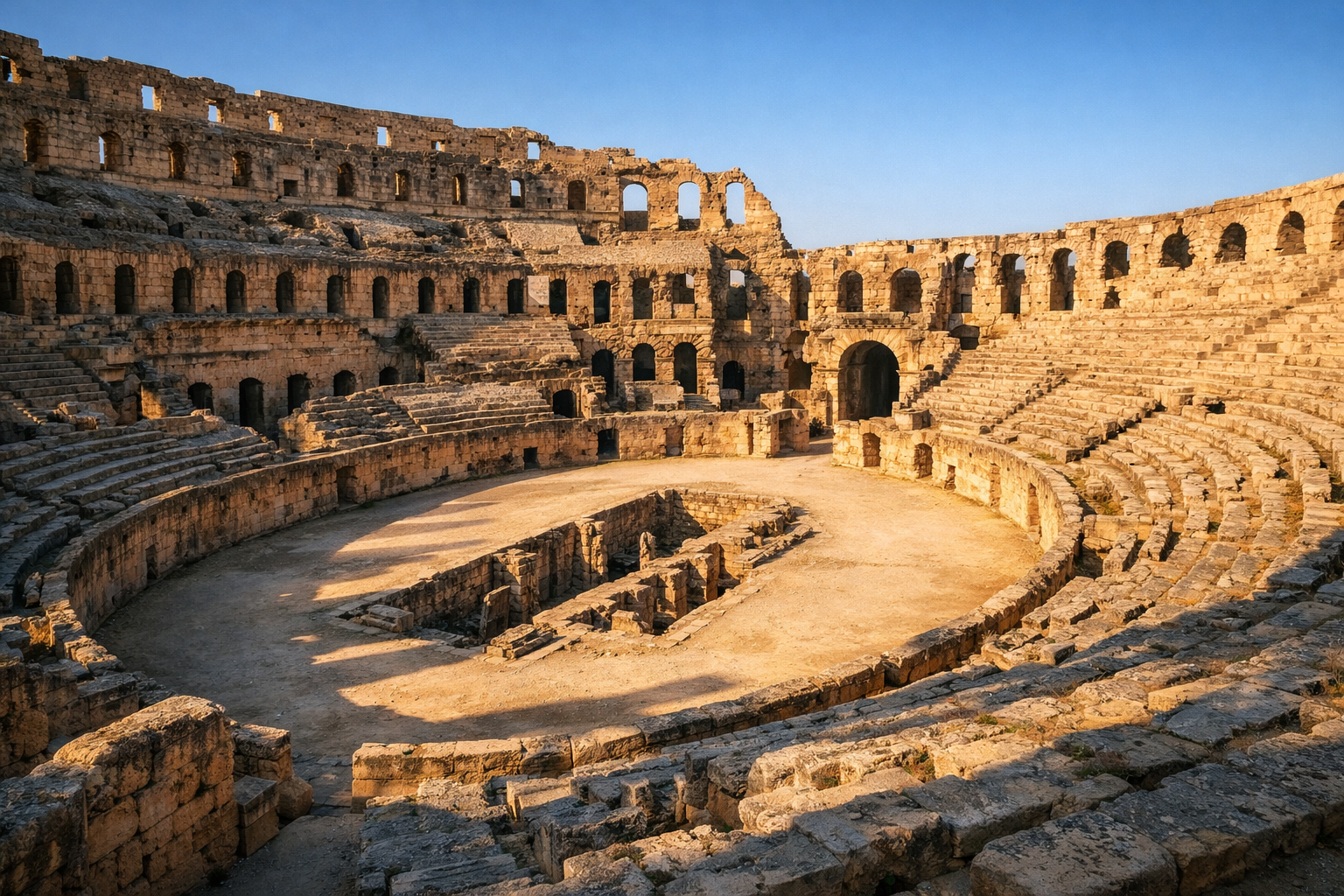 Det romerske amfiteateret i El Jem i Tunisia sett fra innsiden med utsikt mot arenaen