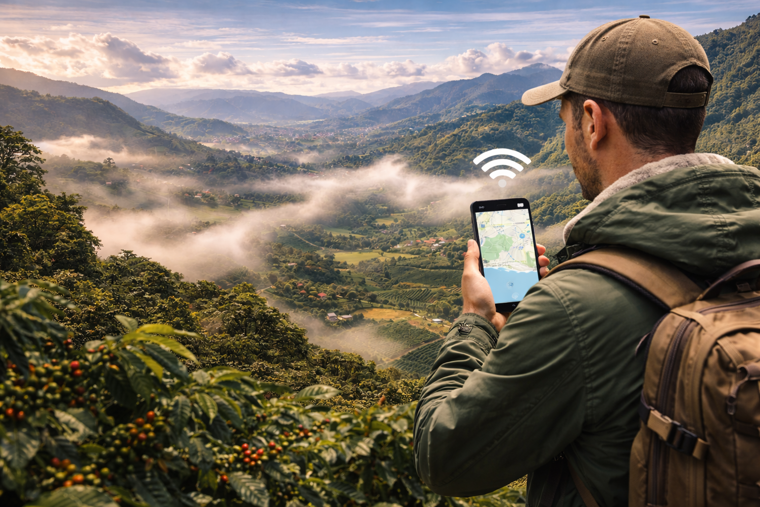 Boquete’s mountain region with coffee plantations and a tourist using an eSIM
