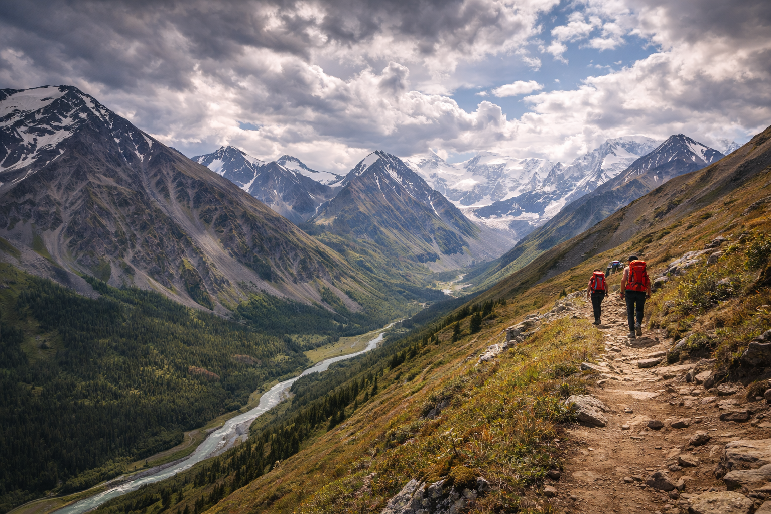 Paesaggio montano dell’Altai con fiume e cime innevate.