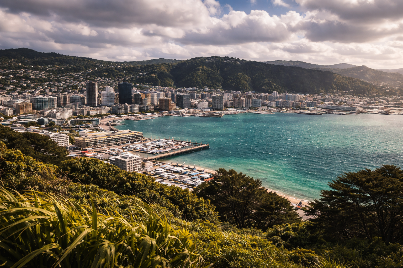 Skats uz Velingtonu no kalniem un krastmalas