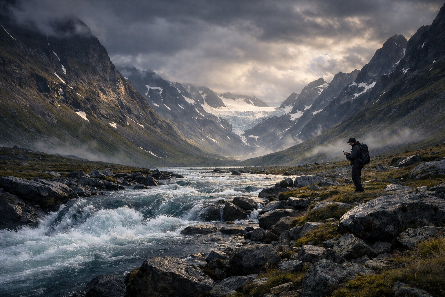 Sarek National Park, and a traveler with a map on a smartphone