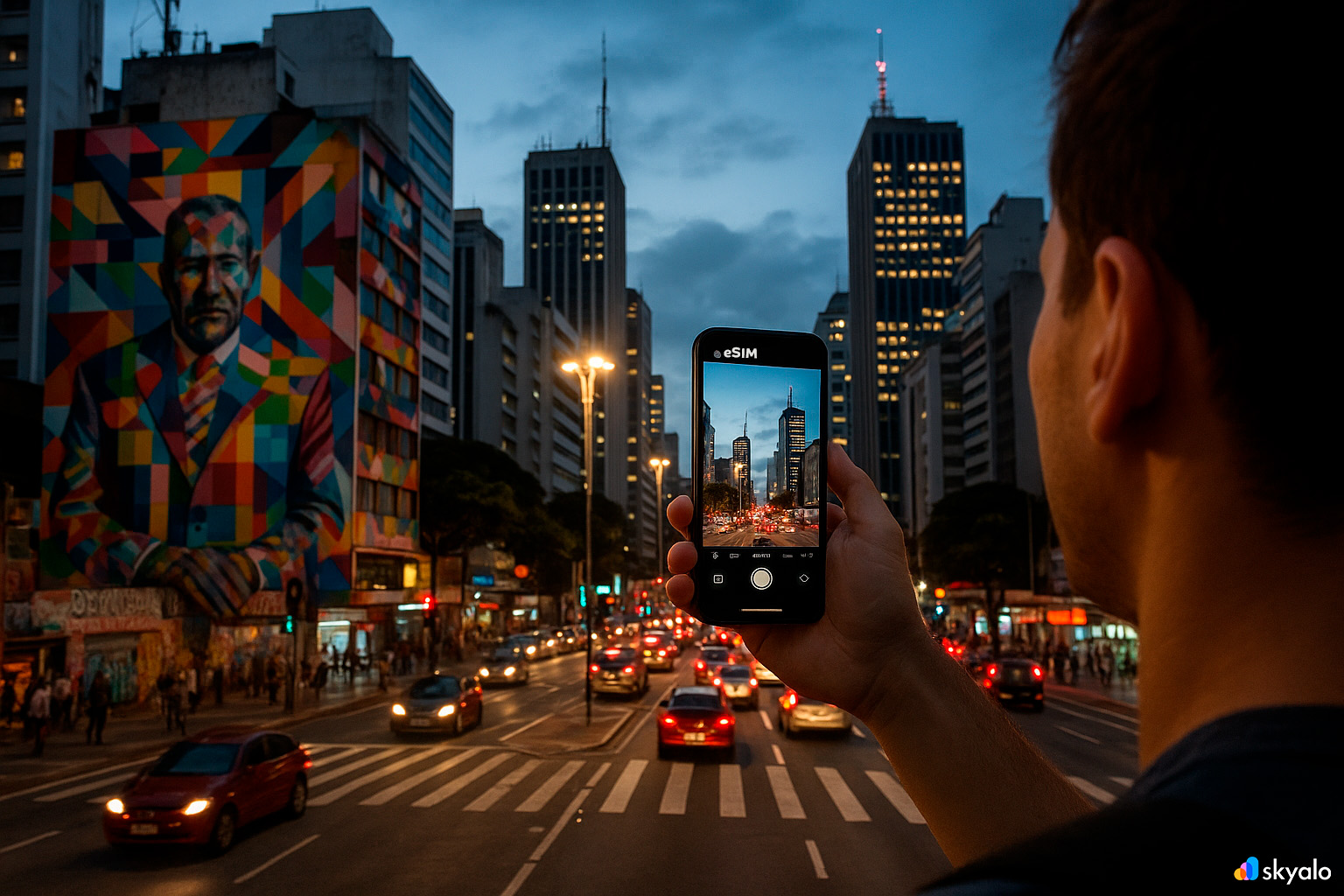 Tourist photographing São Paulo skyscrapers and street art, smartphone connected via Skyalo eSIM
