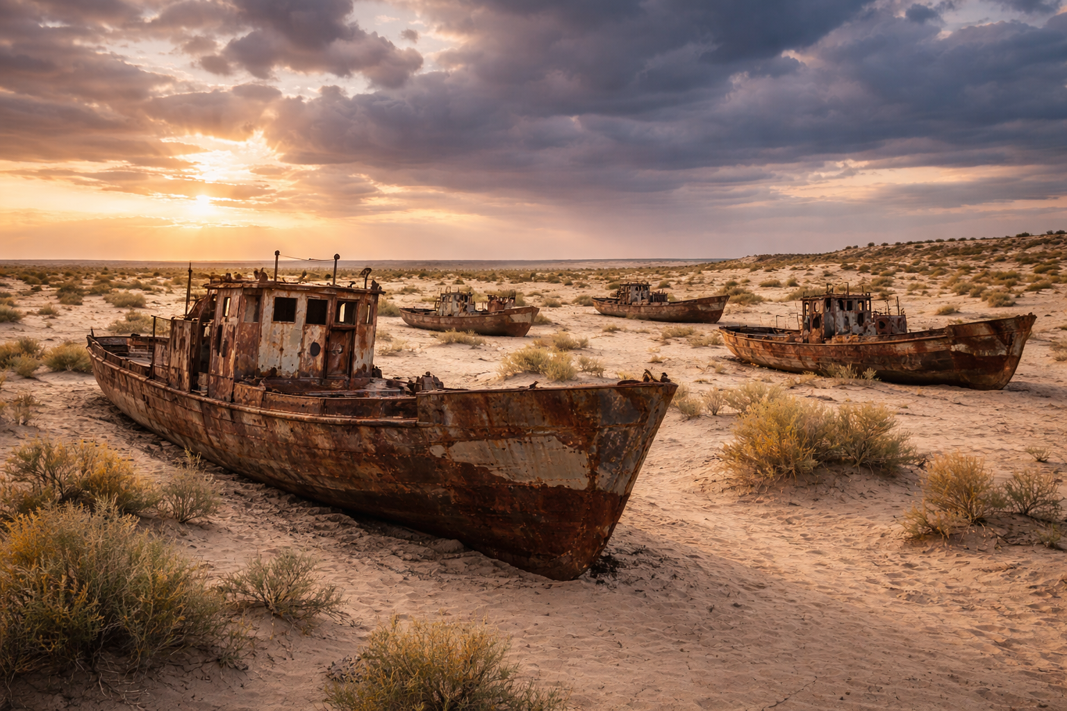 Navi abbandonate sul fondale secco del Mare d’Aral