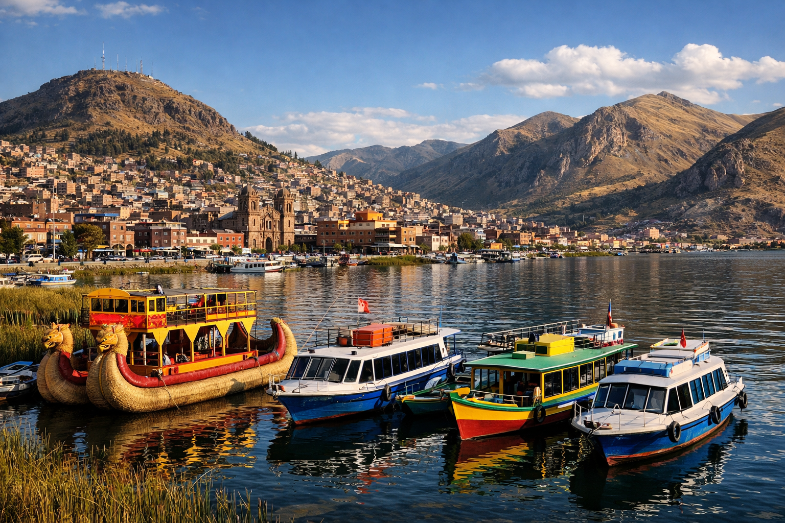 Miasto Puno nad brzegiem jeziora Titicaca z łodziami i górskimi krajobrazami