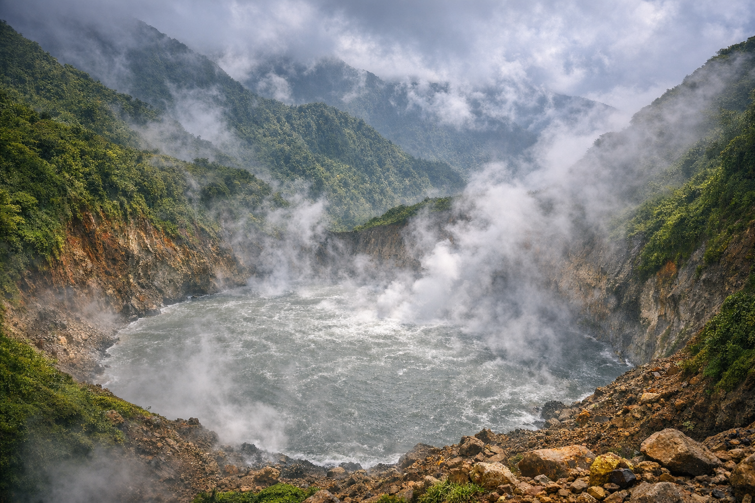Wrzące Jezioro w wulkanicznym kraterze na wyspie Dominika