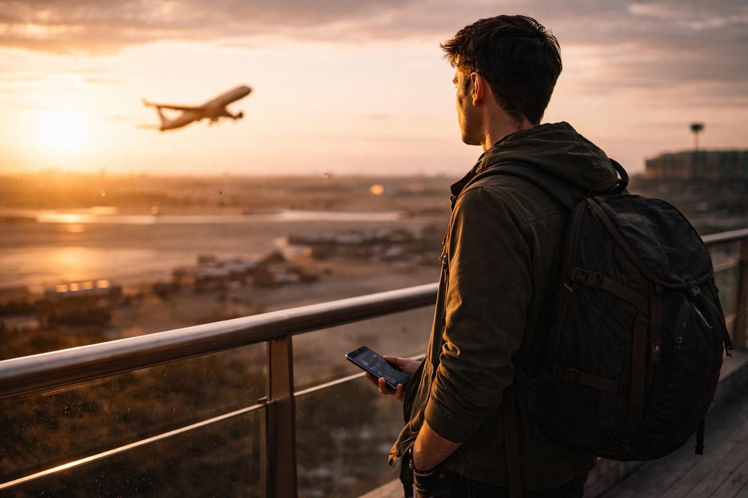 A traveler on the airport terrace at sunrise, with a plane in the background, holding a smartphone with an active eSIM network
