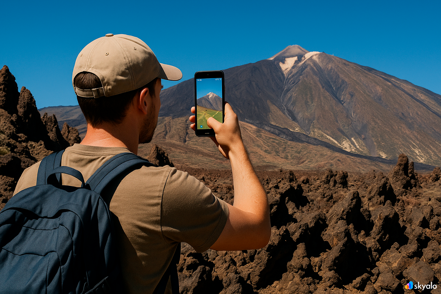 Volcanologist photographing Mount Teide in Tenerife, lava fields and clear sky for future studies