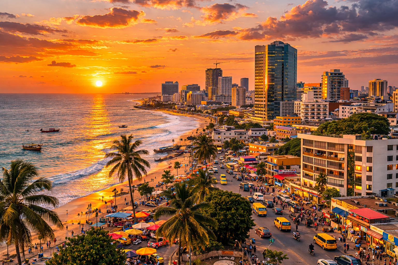 Accra city and the Atlantic Ocean coastline