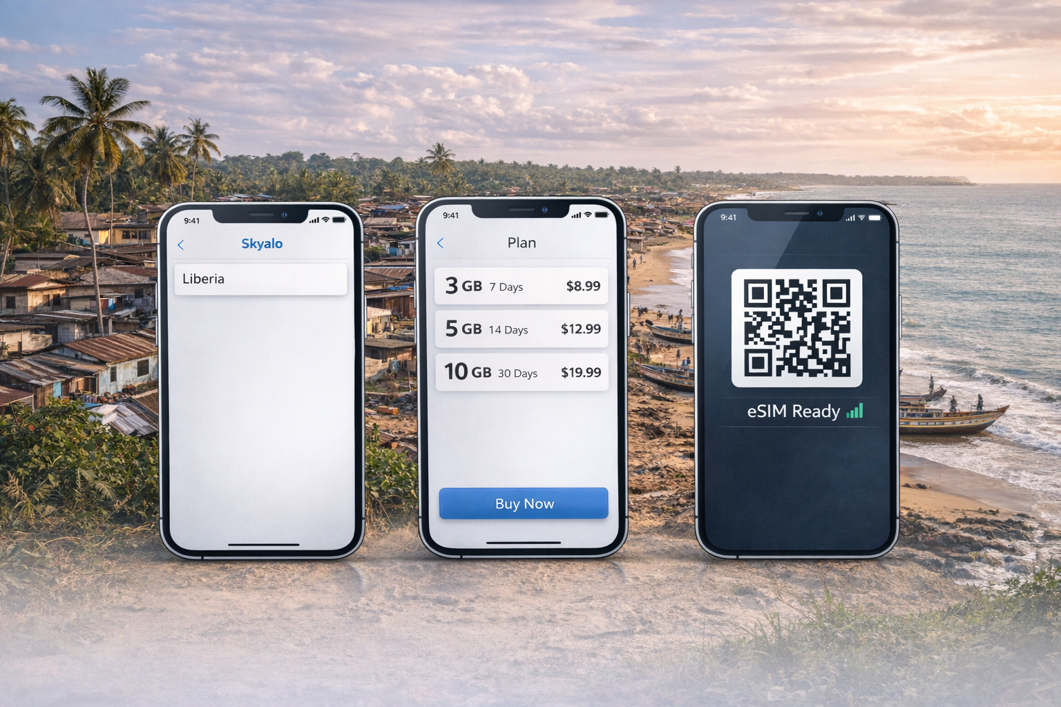 Trys išmanieji telefonai su Skyalo programėle ir eSIM Liberijai – šalies pasirinkimas, planai ir aktyvavimas QR kodu pakrantės miesto fone