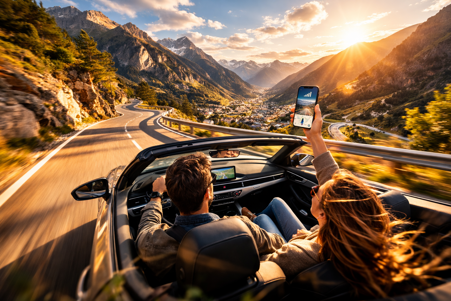 Andorra panorama in the Pyrenees with tourists and a smartphone
