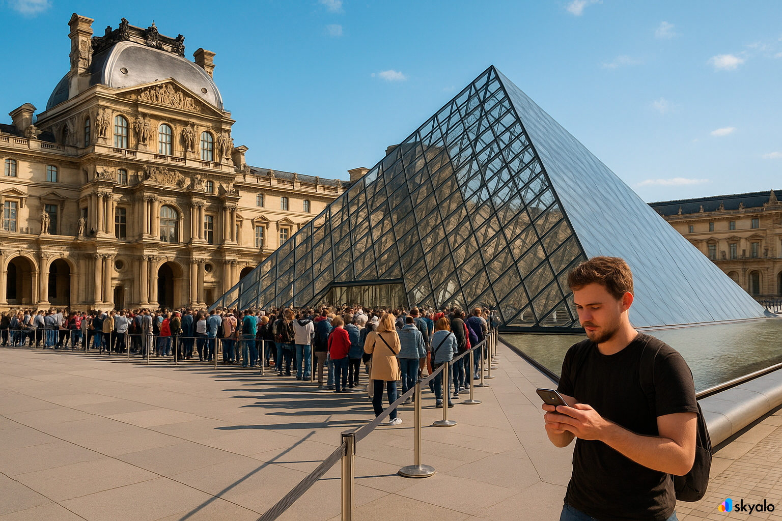 Louvre Museum in Paris with glass pyramid and tourists at the entrance