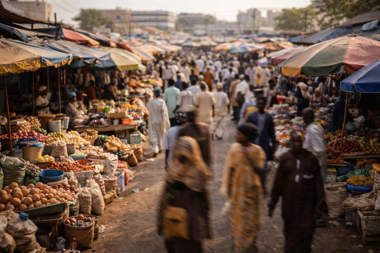 השוק המרכזי של נג'מנה עם אווירה תוססת ודוכנים