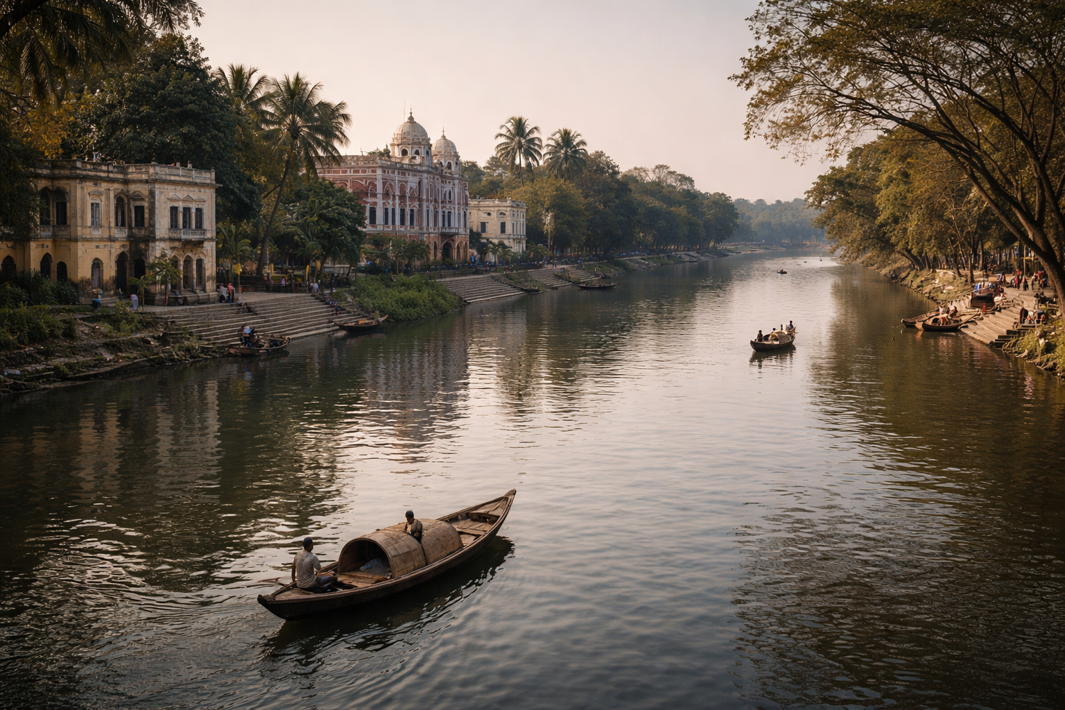 הטיילת של מיימנסינג עם הנהר, עצים ירוקים ואווירה רגועה של העיר