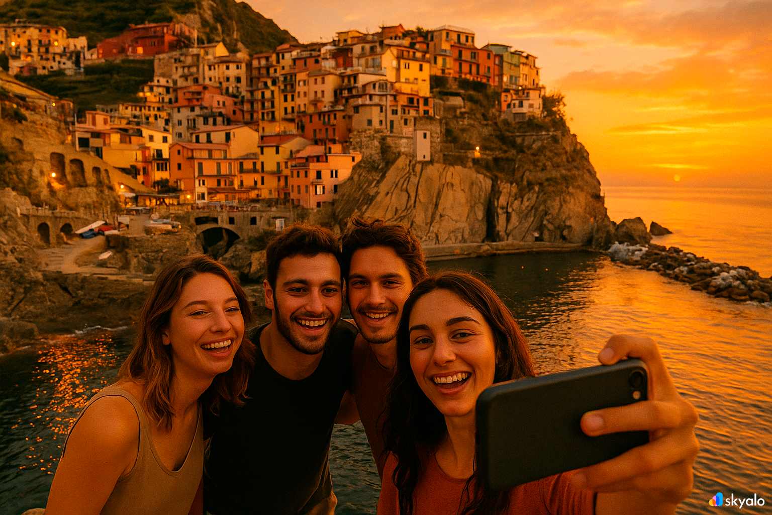 Friends’ selfie above Manarola’s bay
