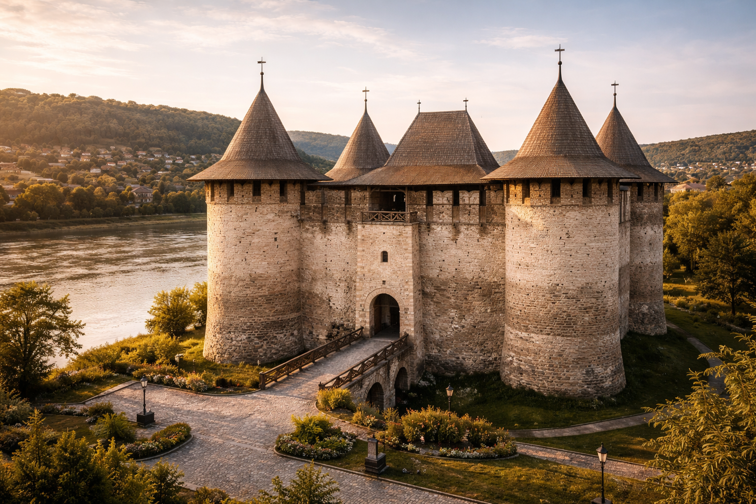 מבצר סורוקה במולדובה ליד הנהר עם מגדלים עגולים, חומות אבן ואור יום חמים.