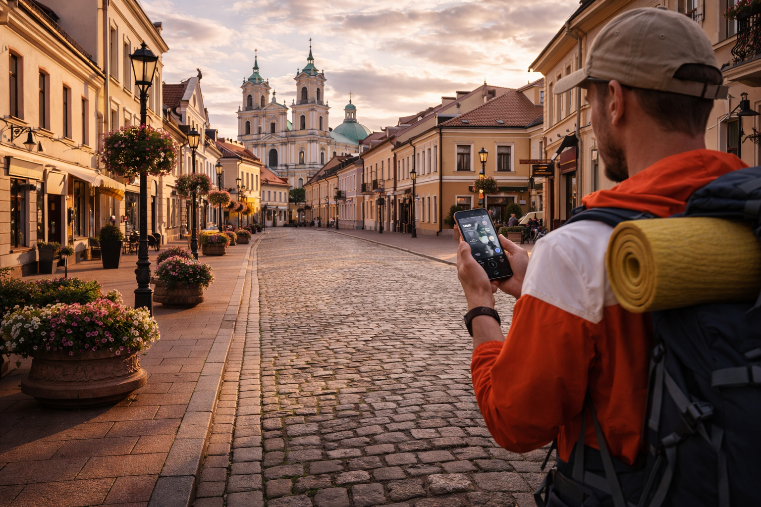 eSIMを使う旅行者とヨーロッパ風の旧市街があるグロドノ