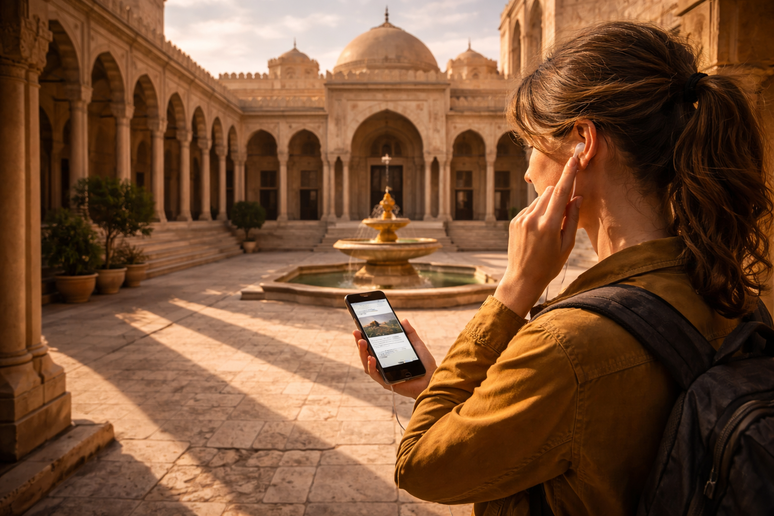 A golden symmetrical palace with arcades and a fountain, strong geometric shadow patterns on stone; a woman in profile in the foreground sets up an audio guide on her phone, screen facing her—only the slim edge of the device is visible.