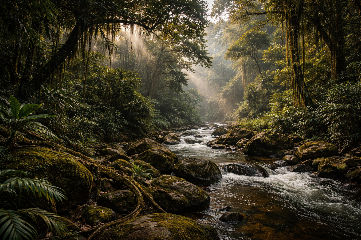 The ancient tropical forest of Korup Park with dense vegetation