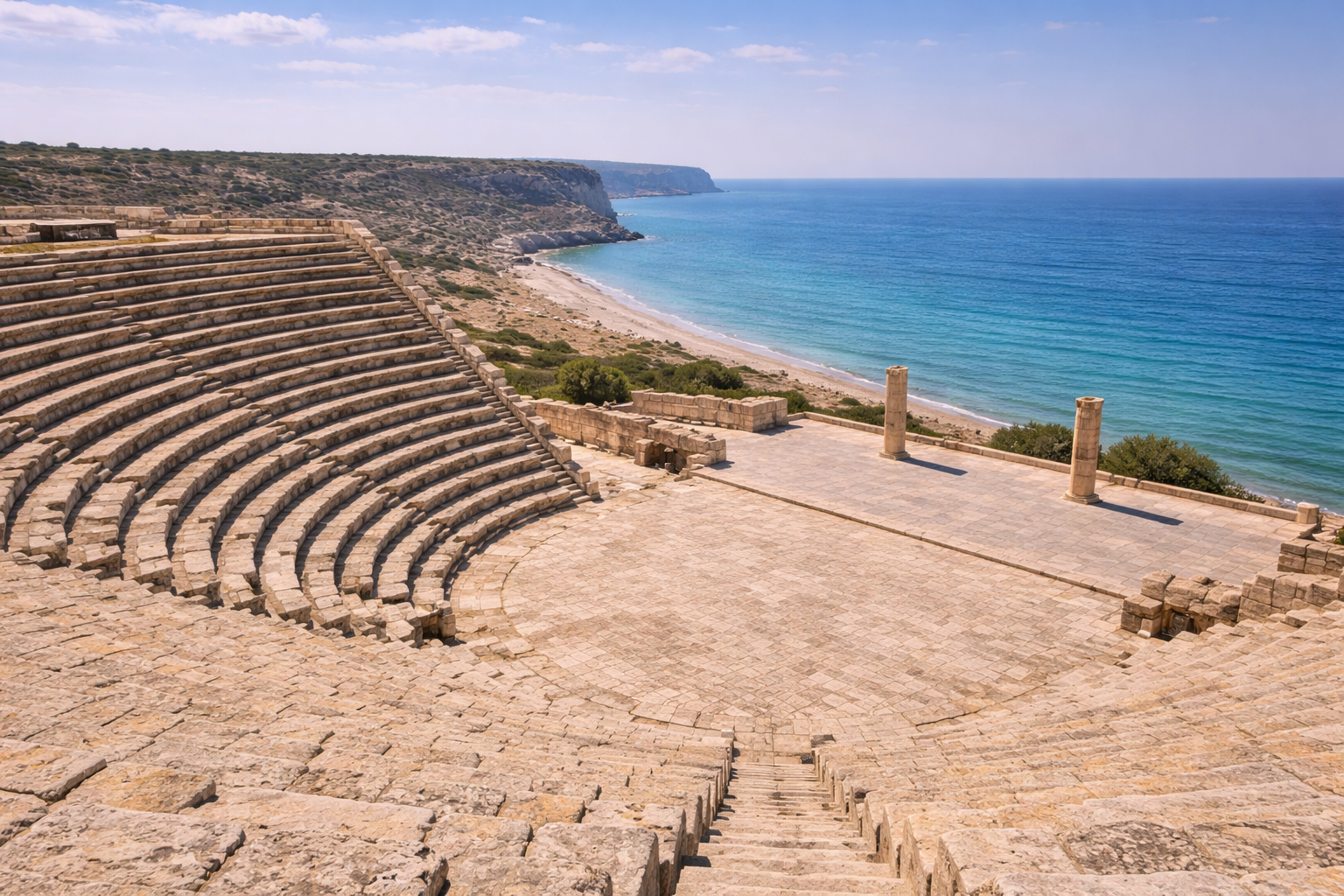 Antico anfiteatro di Kourion su una scogliera sopra il mare a Cipro.
