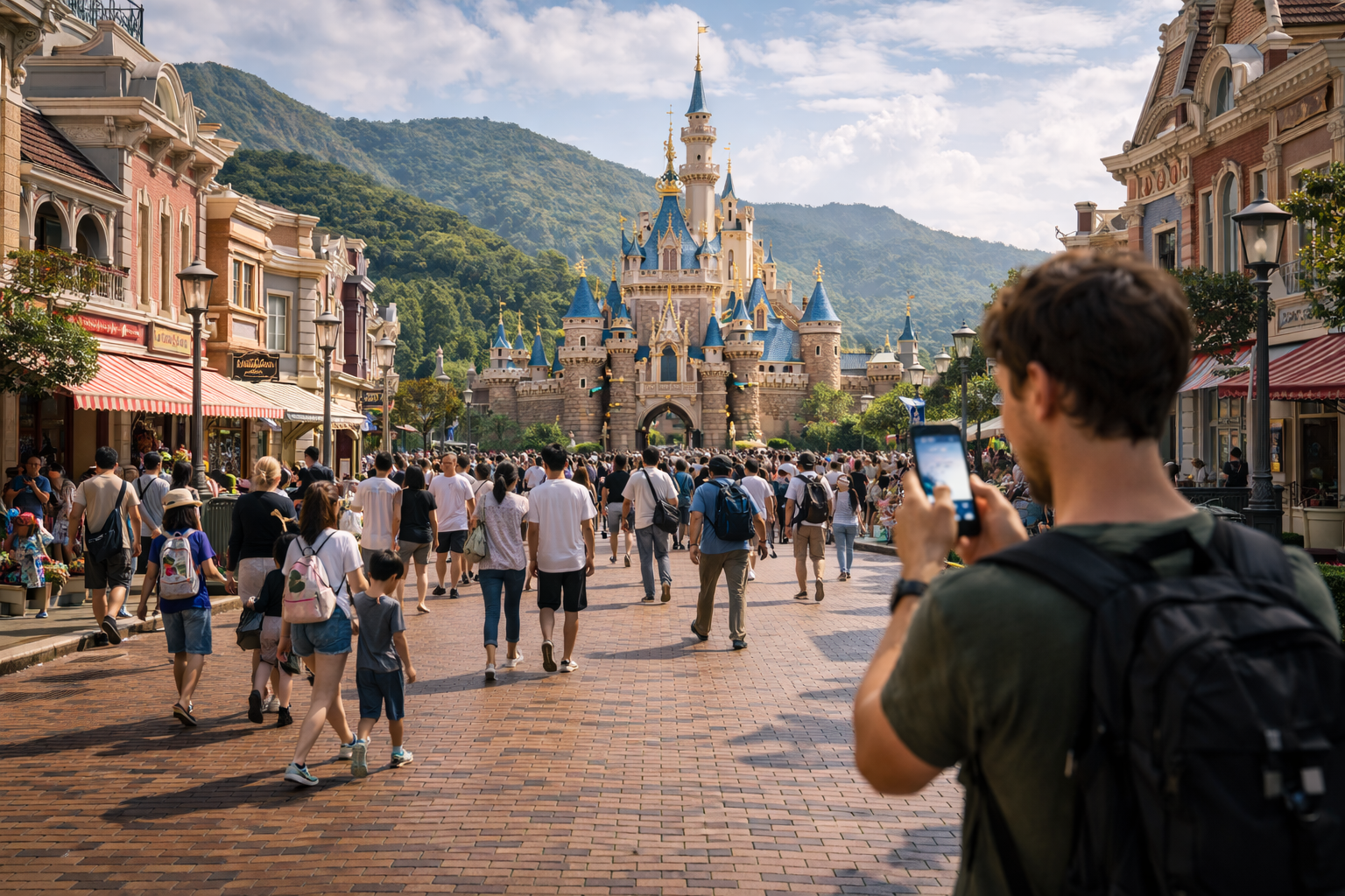The castle and rides at Disneyland in Hong Kong.