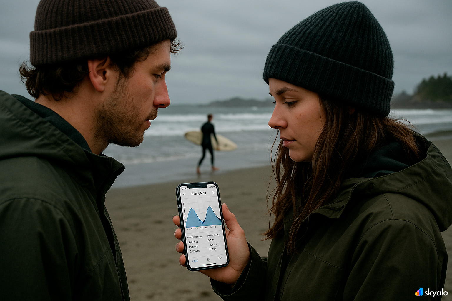 Couple in Tofino; tide chart on phone, misty pines and wet sand reflecting the ocean