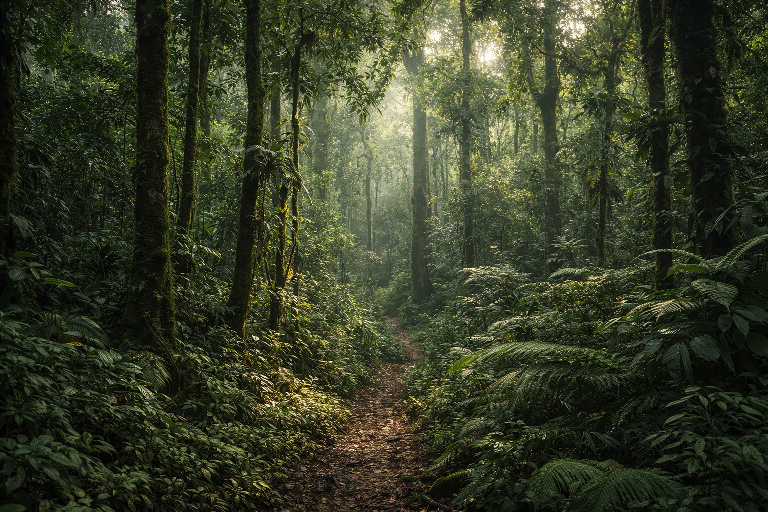 Taman Negara Kibale di Uganda dengan hutan tropika yang tebal, pokok tinggi, kanopi hijau hutan dan suasana alam khatulistiwa liar