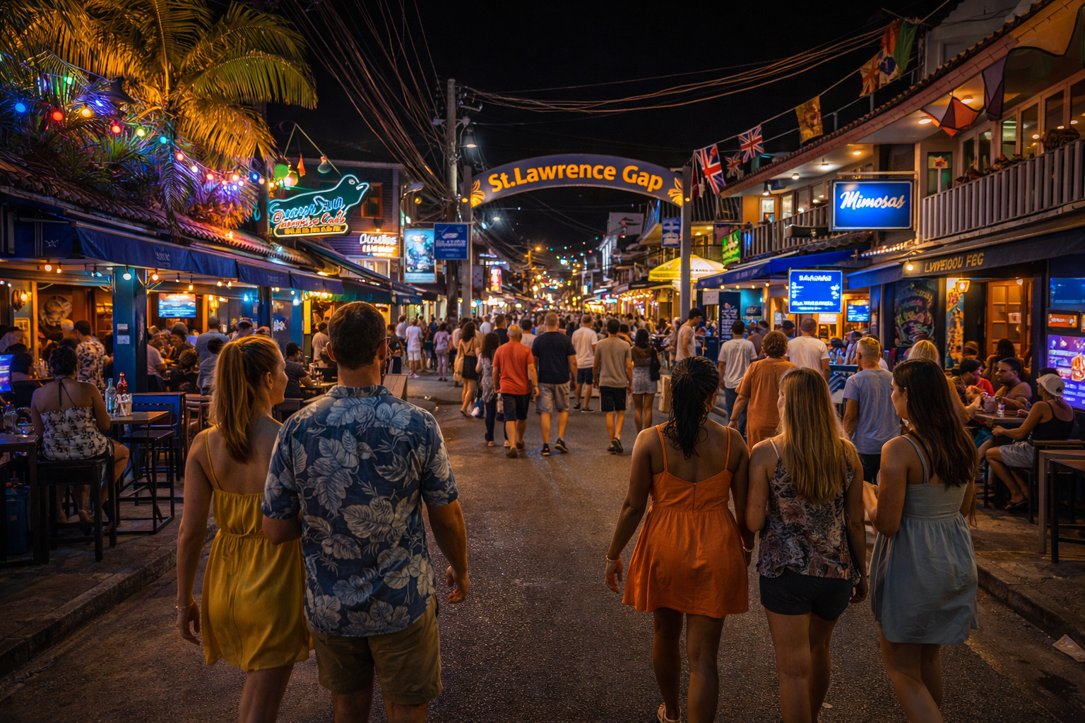 St. Lawrence Gap alle Barbados di sera: un turista usa internet eSIM sullo smartphone