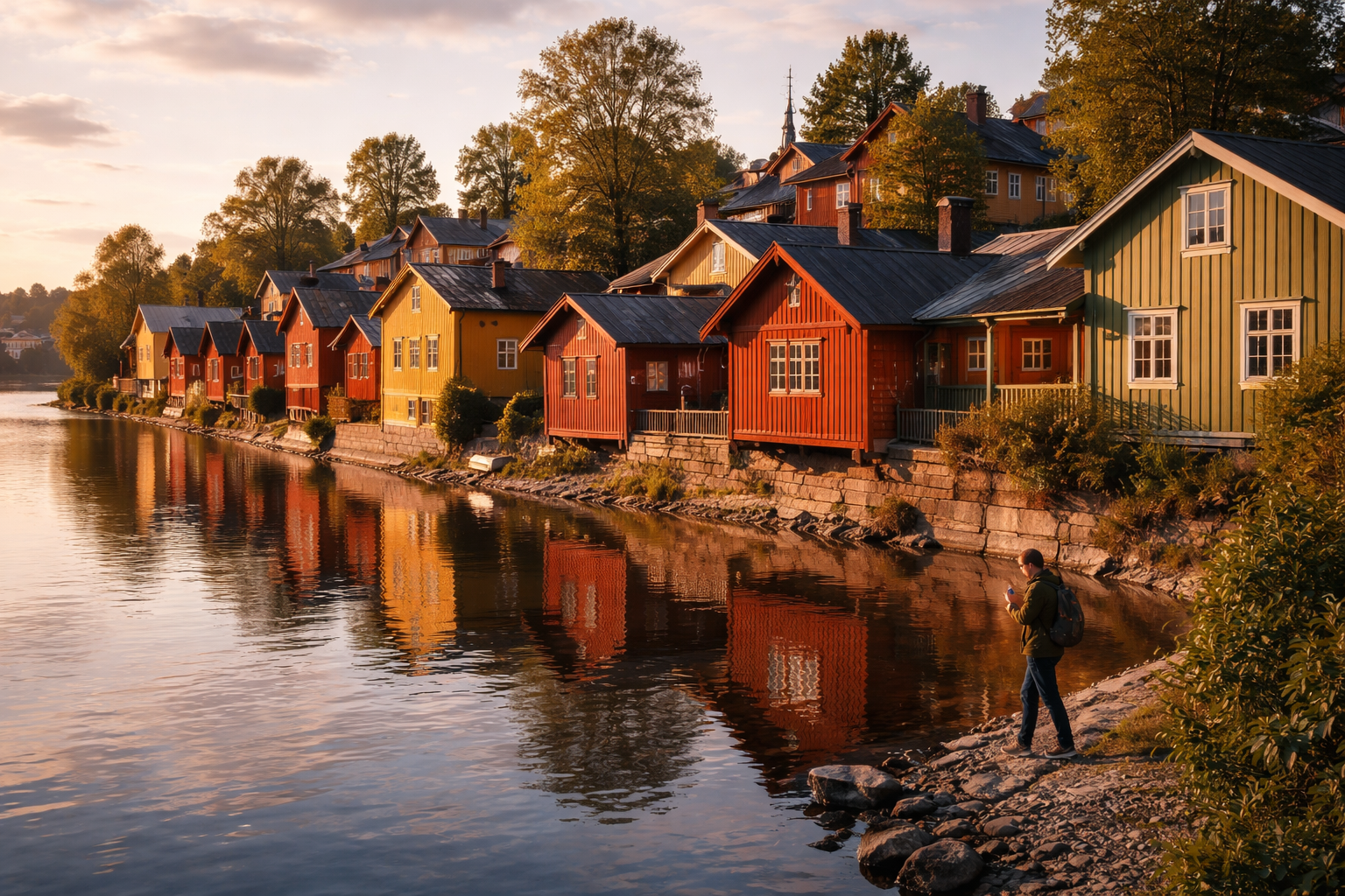 בתי עץ בפורבו ליד הנהר