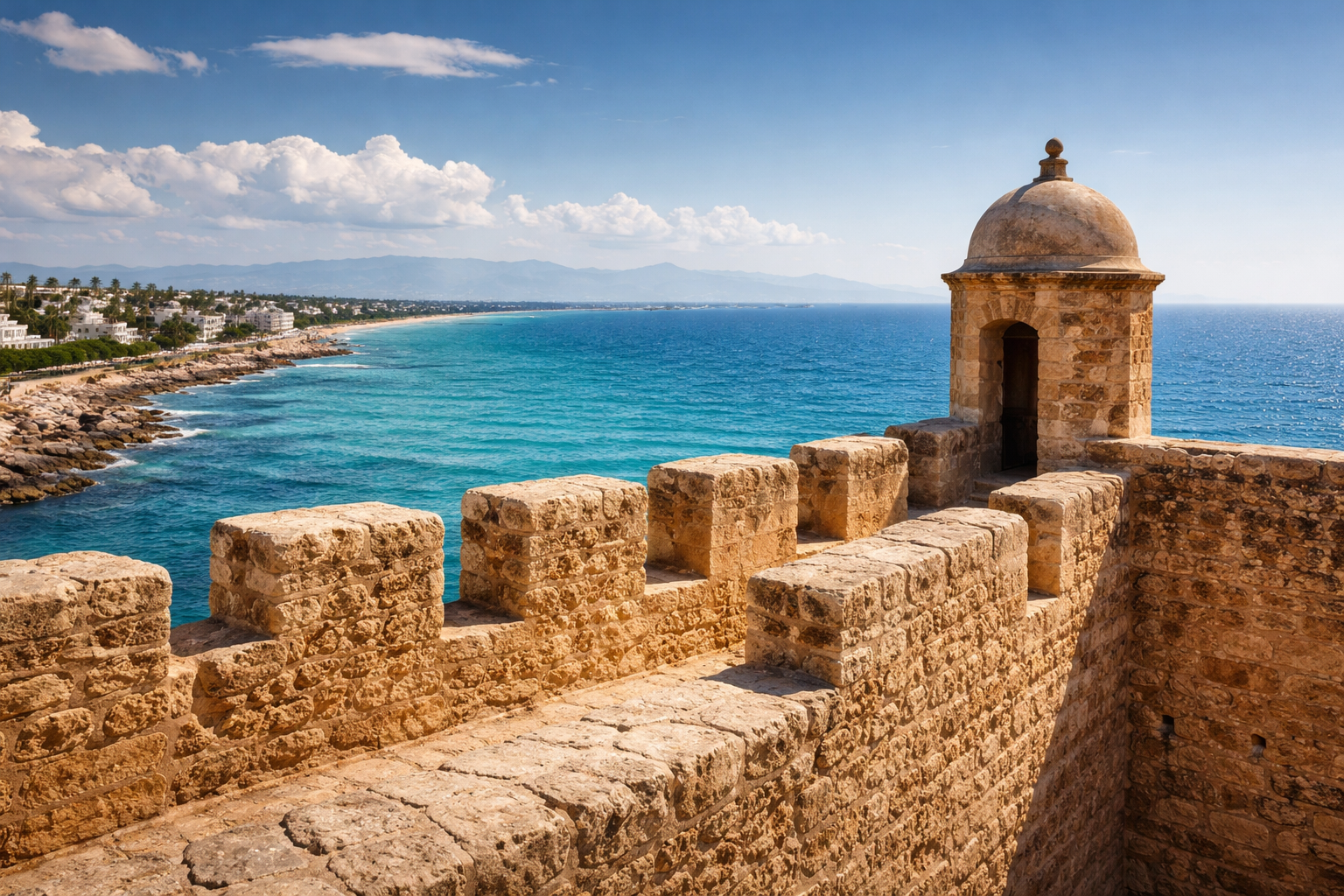 Veggen til gamlebyen i Hammamet med utsikt mot havet