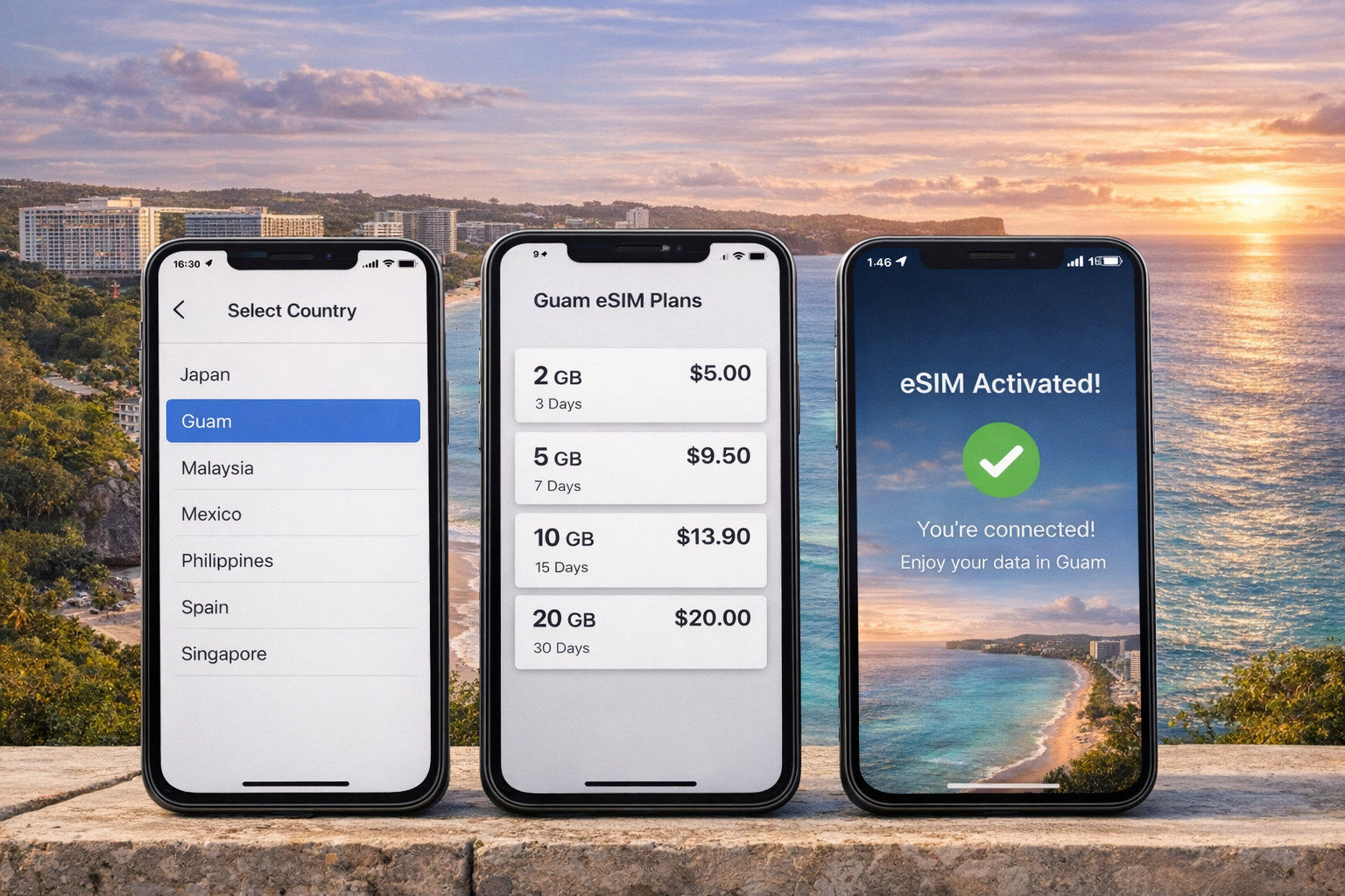 Three smartphones with Guam eSIM interface - country selection, plans, and activation against a Guam coastline background