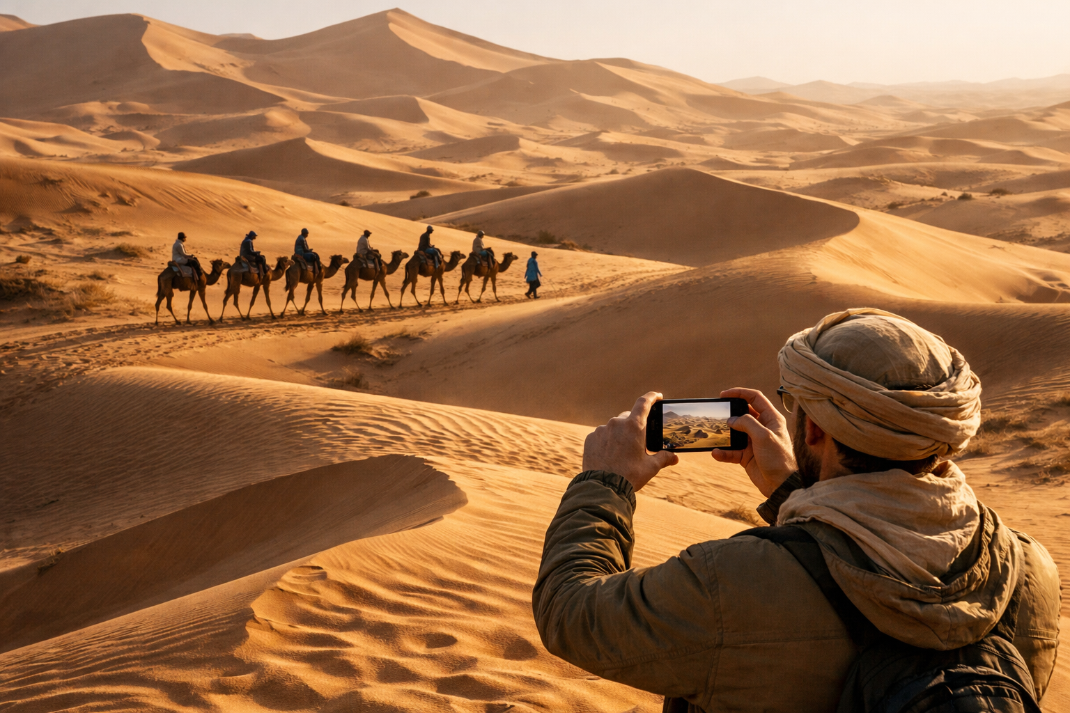 The Erg Chebbi sand dunes in the Sahara Desert in Morocco.