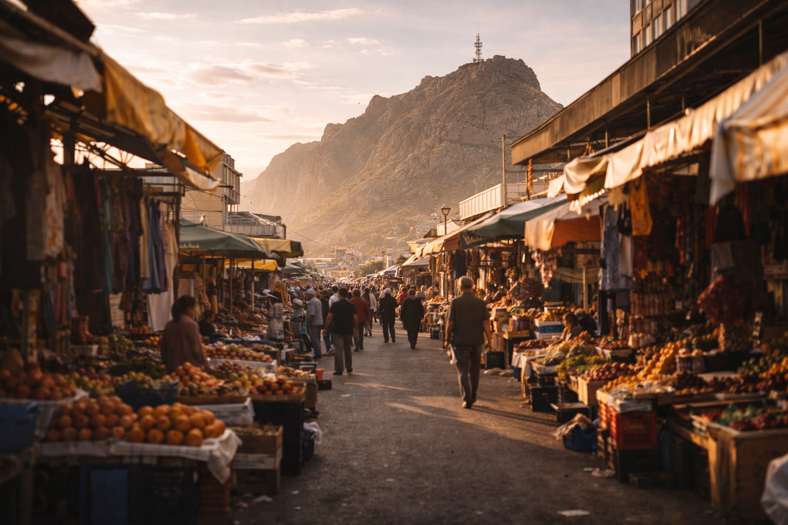 העיר אוש עם שוק ואנשים ברקע