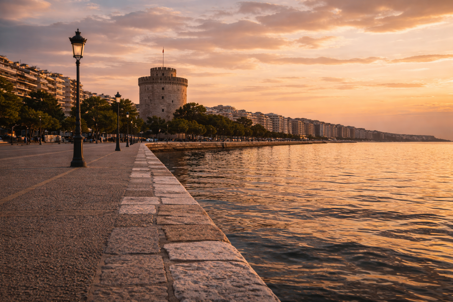 Thessaloniki waterfront with the White Tower under a warm evening sky