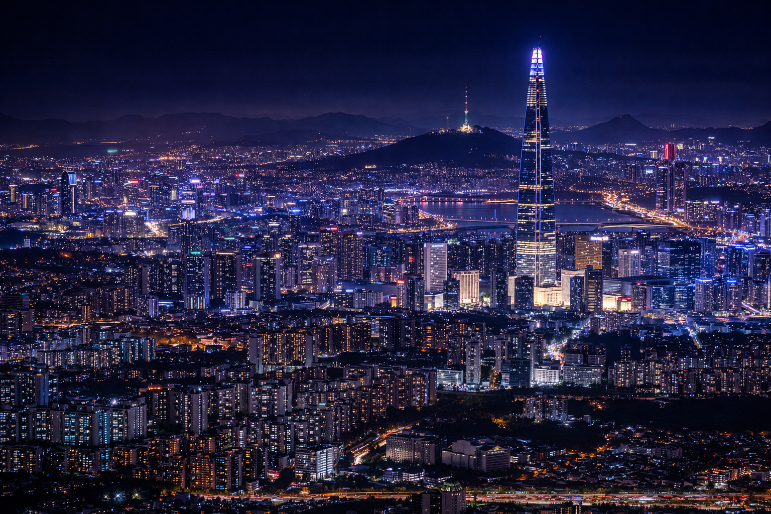 Panorama nocnego Seulu z neonowymi światłami