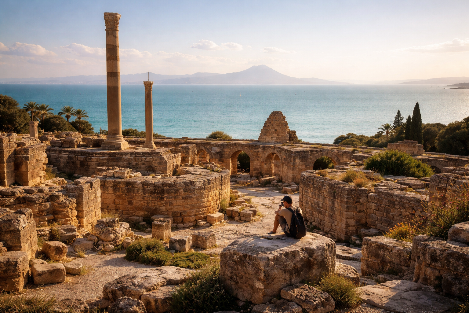 Ruinene i Kartago med utsikt mot havet og turist med smarttelefon