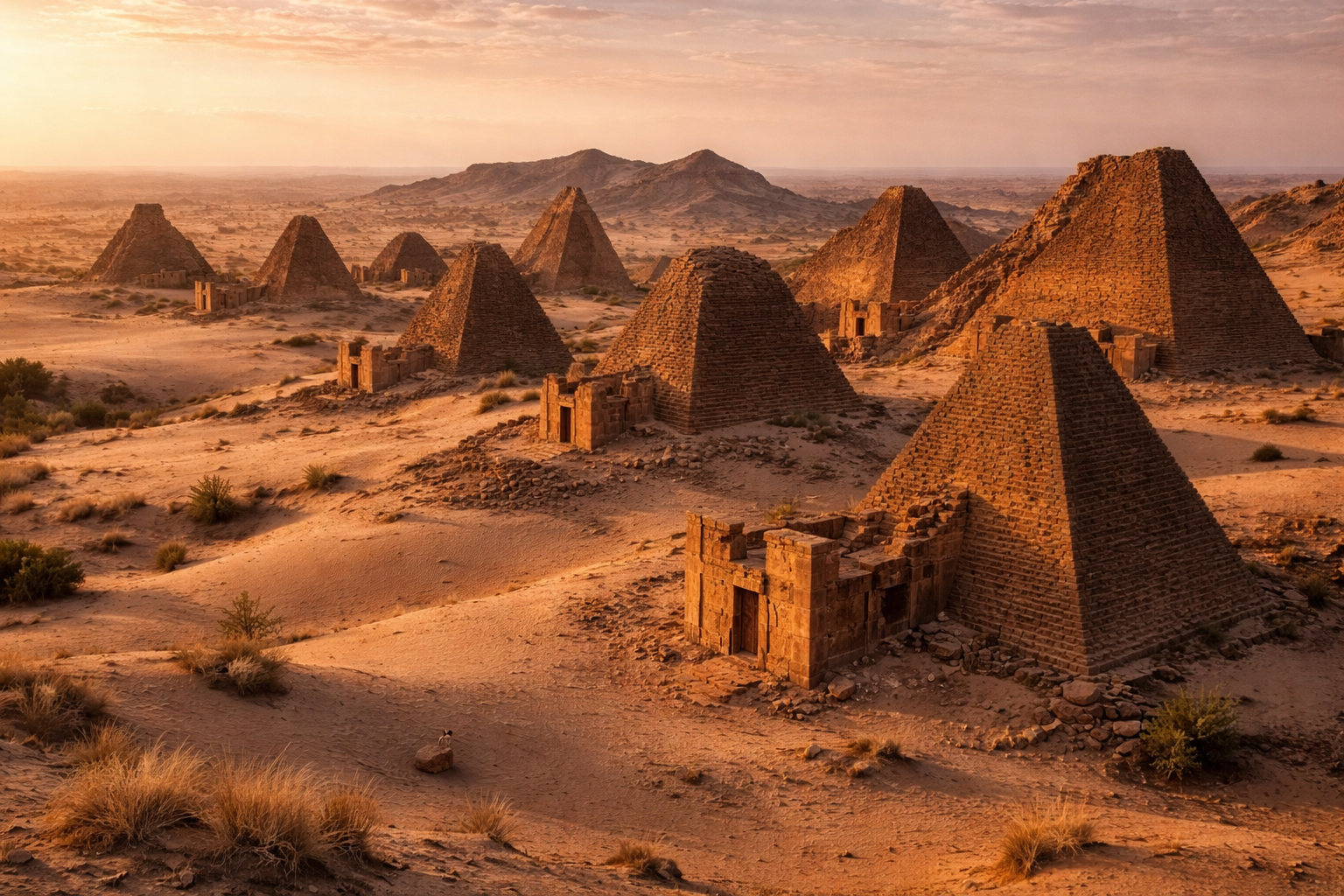 הפירמידות של מרואה בסודן בתוך נוף חצי־מדברי, חול ואור שקיעה רך.