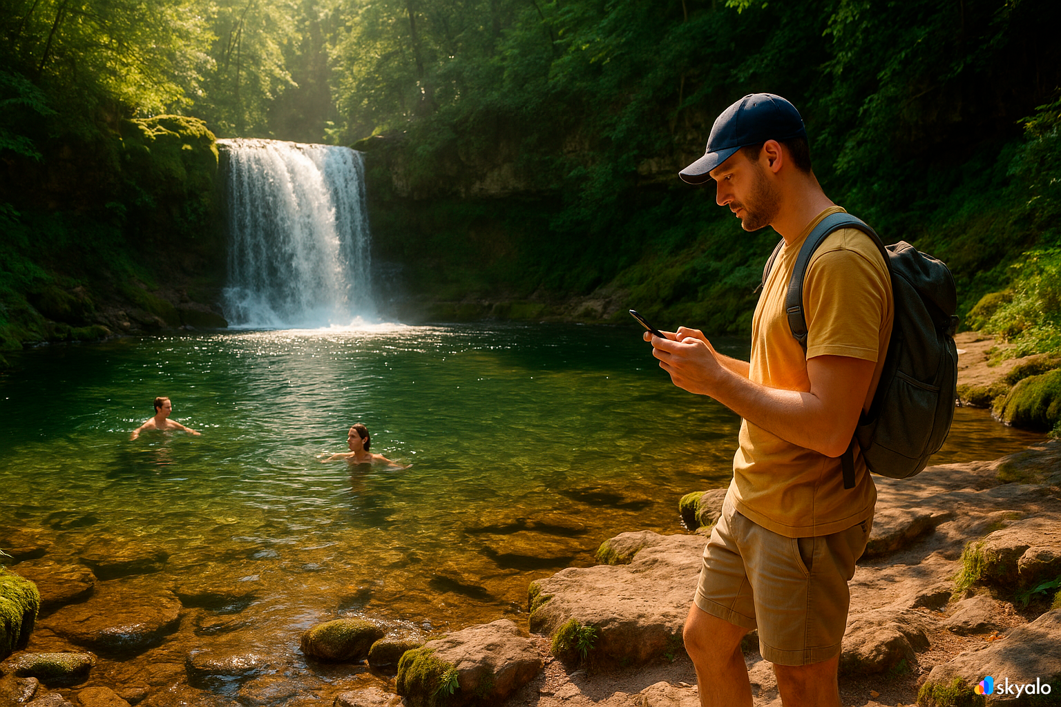 Friends at Litchfield’s falls; one checks the route on a phone while others swim