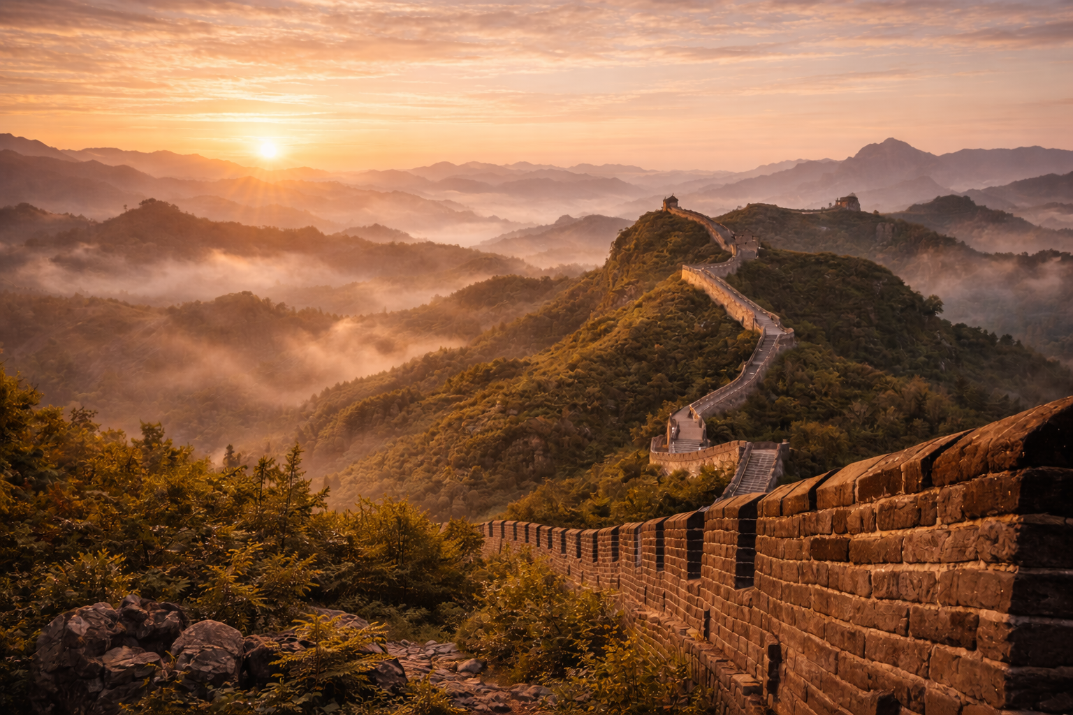 The Great Wall of China on mountain ridges with a panoramic view and a tourist with a smartphone