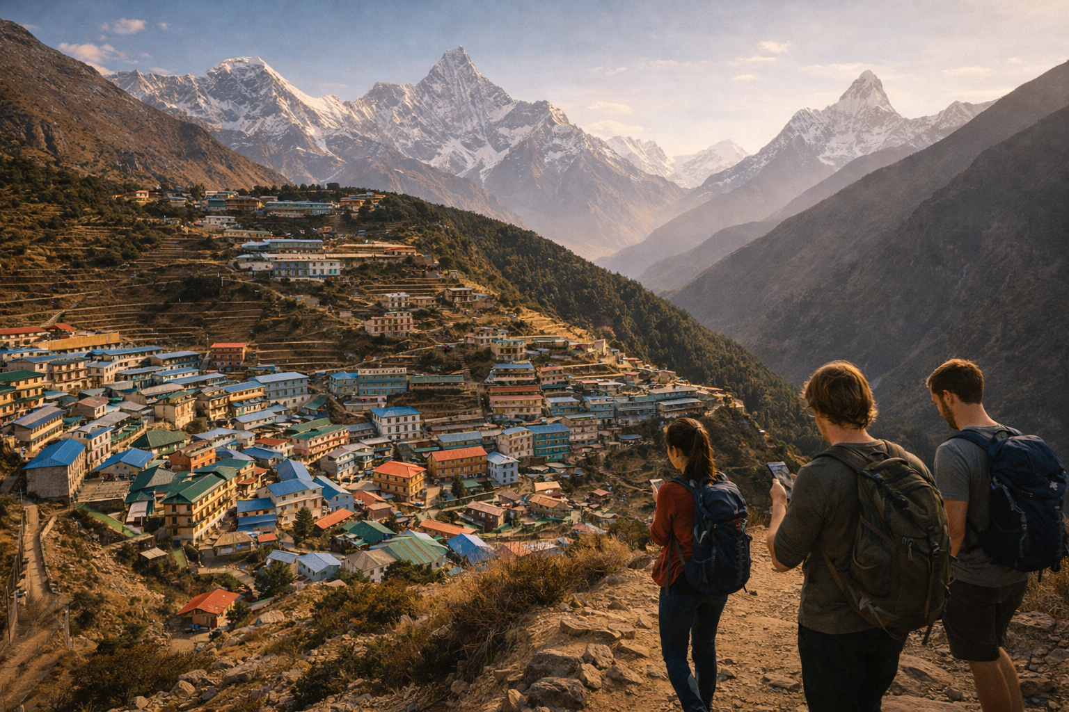 Trekker con smartphone passeggiano a Namche Bazaar